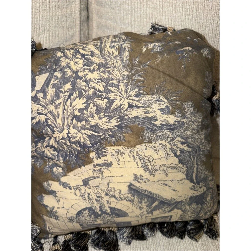 French Country Toile de Jouy Pillows Navy Cream Frill French Country 14x14